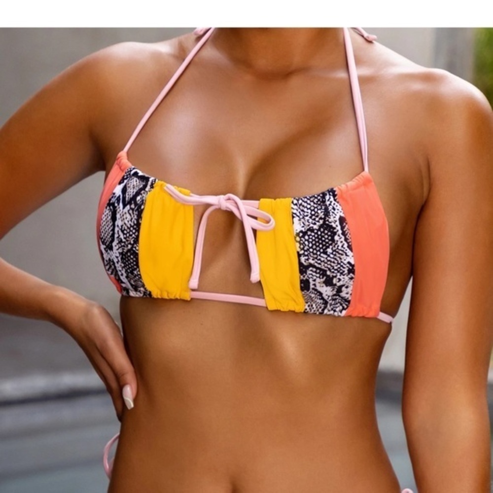 NWT Club L London Snakeskin and Yellow Color Block Halter neck Bikini top